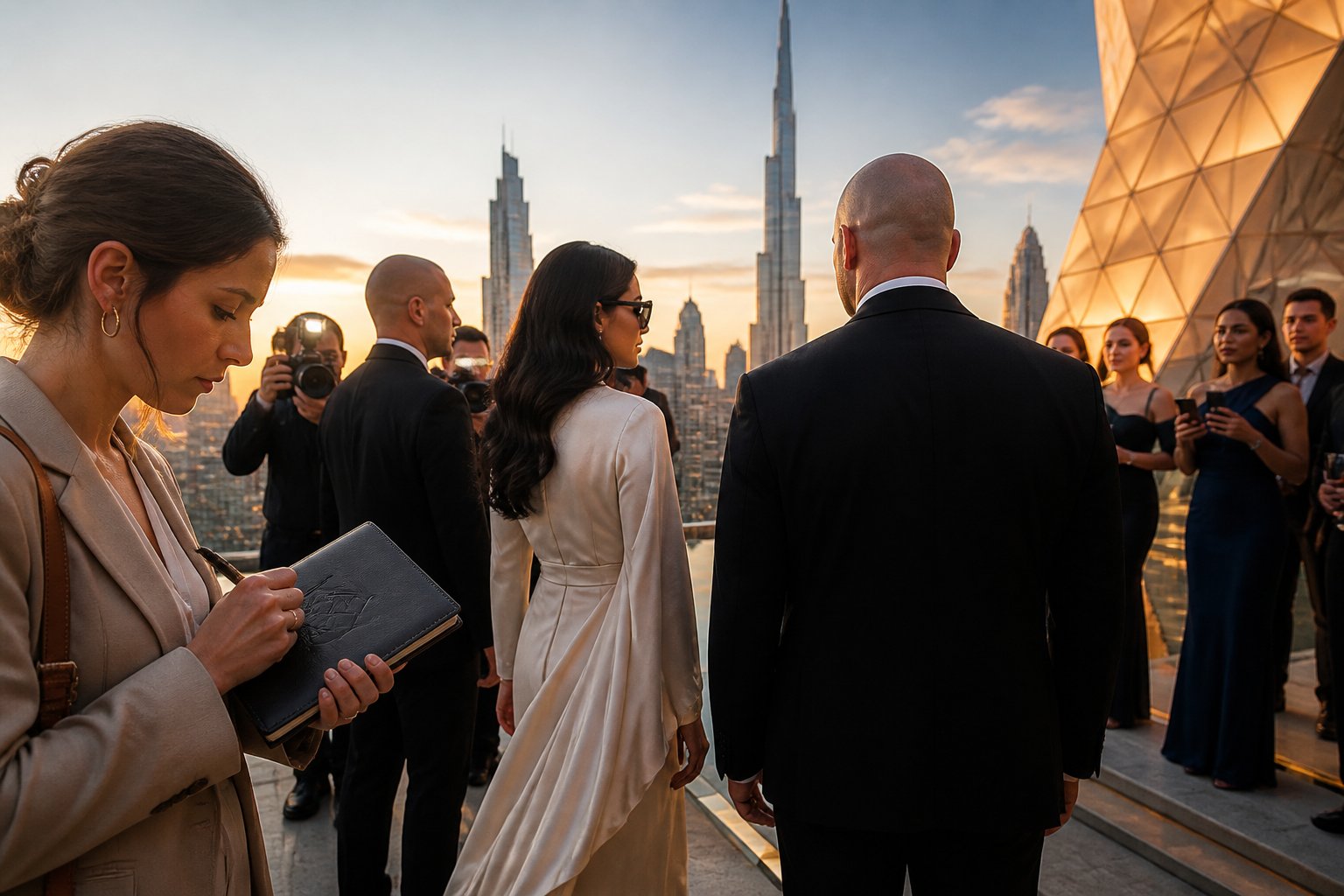 An unidentified celebrity-like visitor arrives at a luxury Dubai venue while photographers and a journalist observe, with the city skyline in the background.