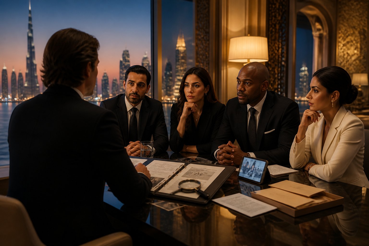 An anonymous celebrity meets formally dressed people in a Dubai setting while documents and investigative materials are reviewed.