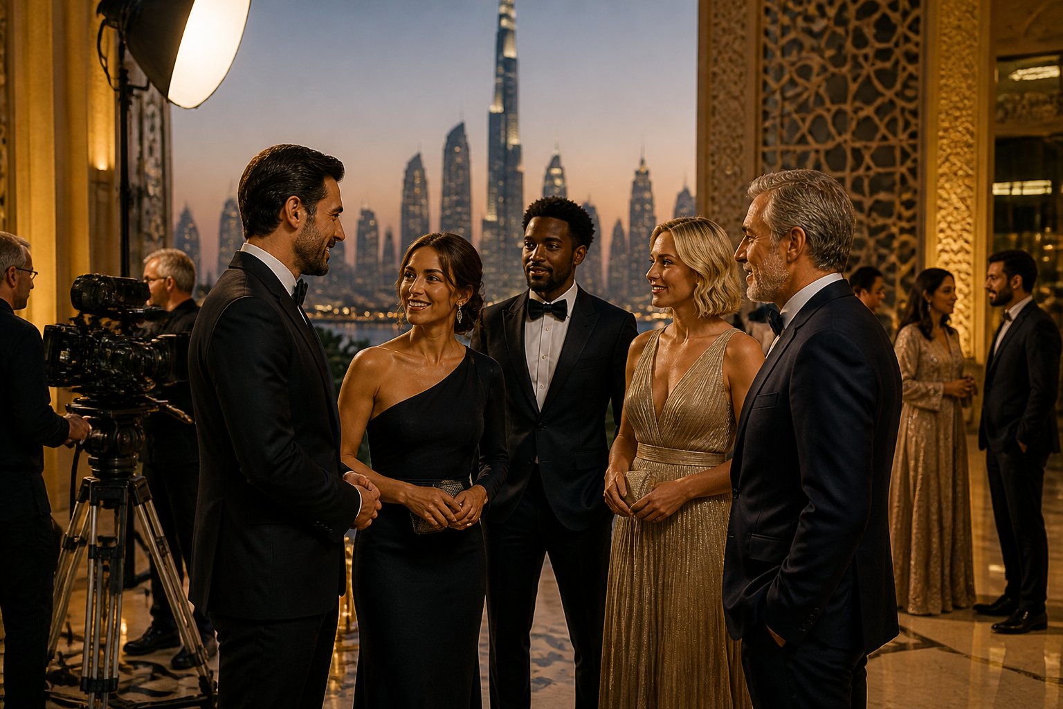 A group of elegantly dressed actors attending a formal cultural event in a modern UAE venue with a city skyline in the background.