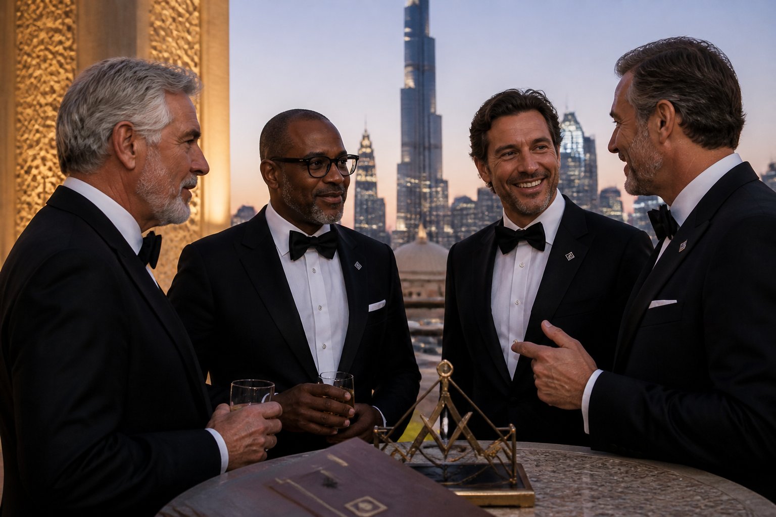 Well-dressed actors attend a formal cultural event on a UAE terrace with modern Gulf architecture in the background.