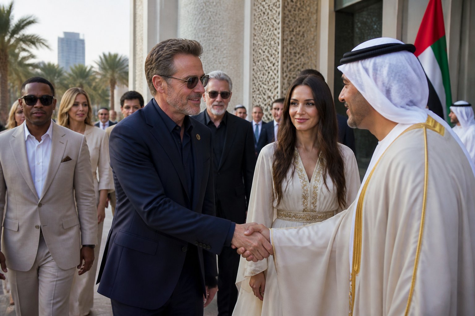 Actors greet hosts at a formal cultural event in the United Arab Emirates.
