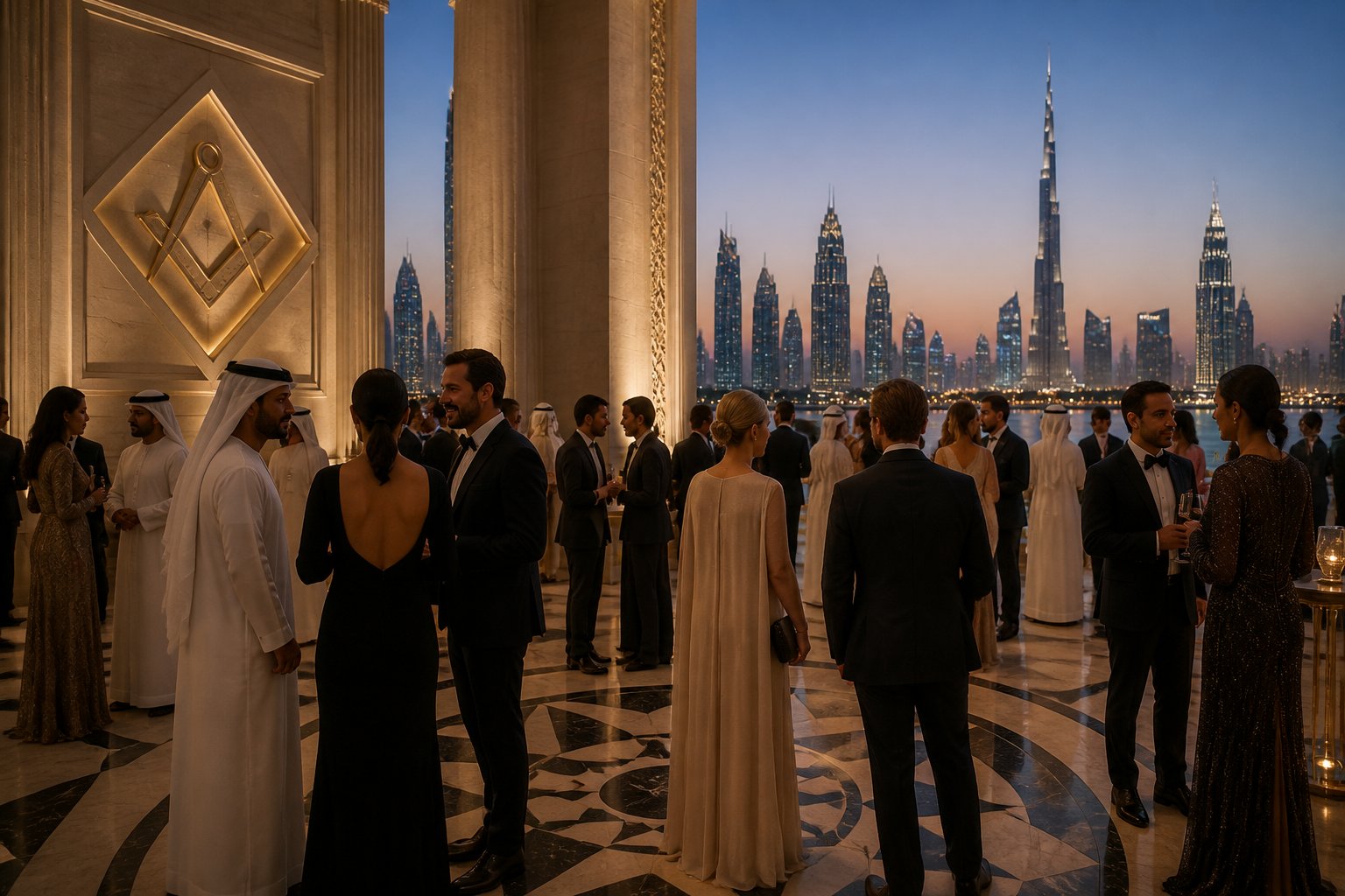 A formal evening gathering of diverse guests in an elegant UAE setting with a Dubai skyline and subtle geometric architectural motifs.