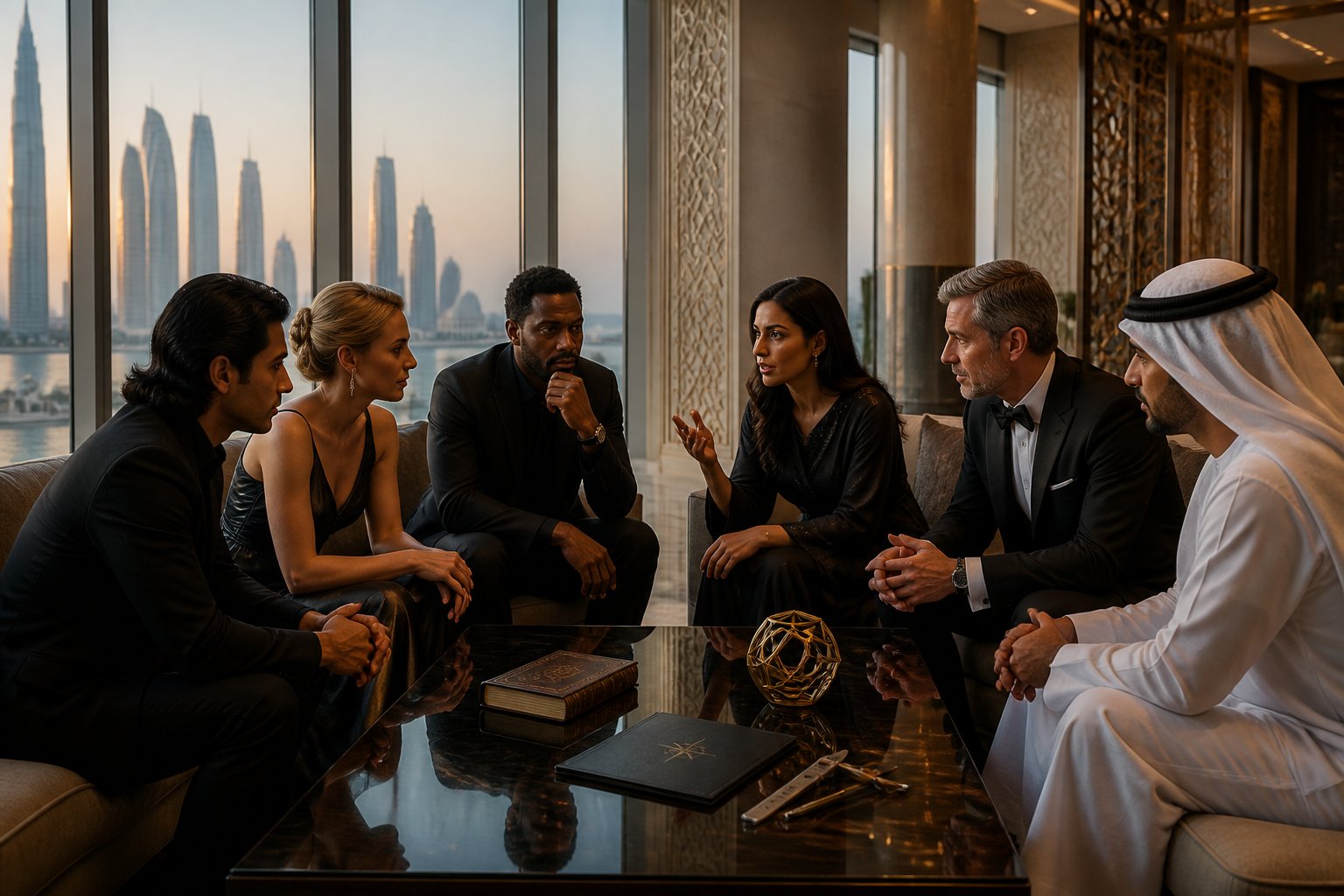 Fictional international public figures discuss documents in an elegant UAE conference lounge overlooking a modern skyline.
