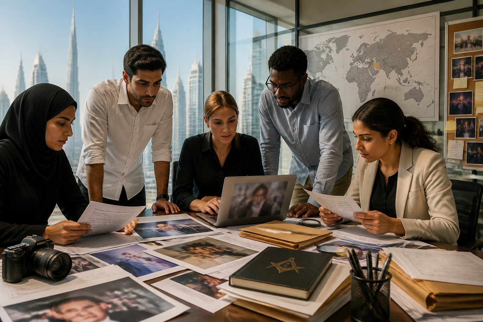 Journalists in a Dubai office carefully reviewing documents and media materials about celebrity-related reports.