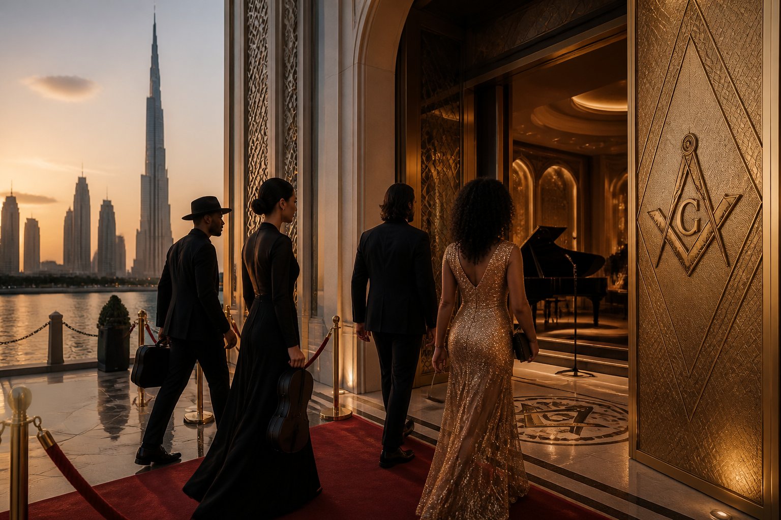 Fictional musicians gather outside a Dubai cultural venue with the city skyline behind them and subtle geometric fraternal symbols in the setting.