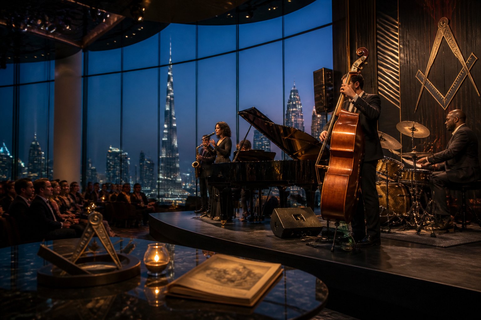 Musicians perform at a Dubai concert venue with the city skyline visible behind them.