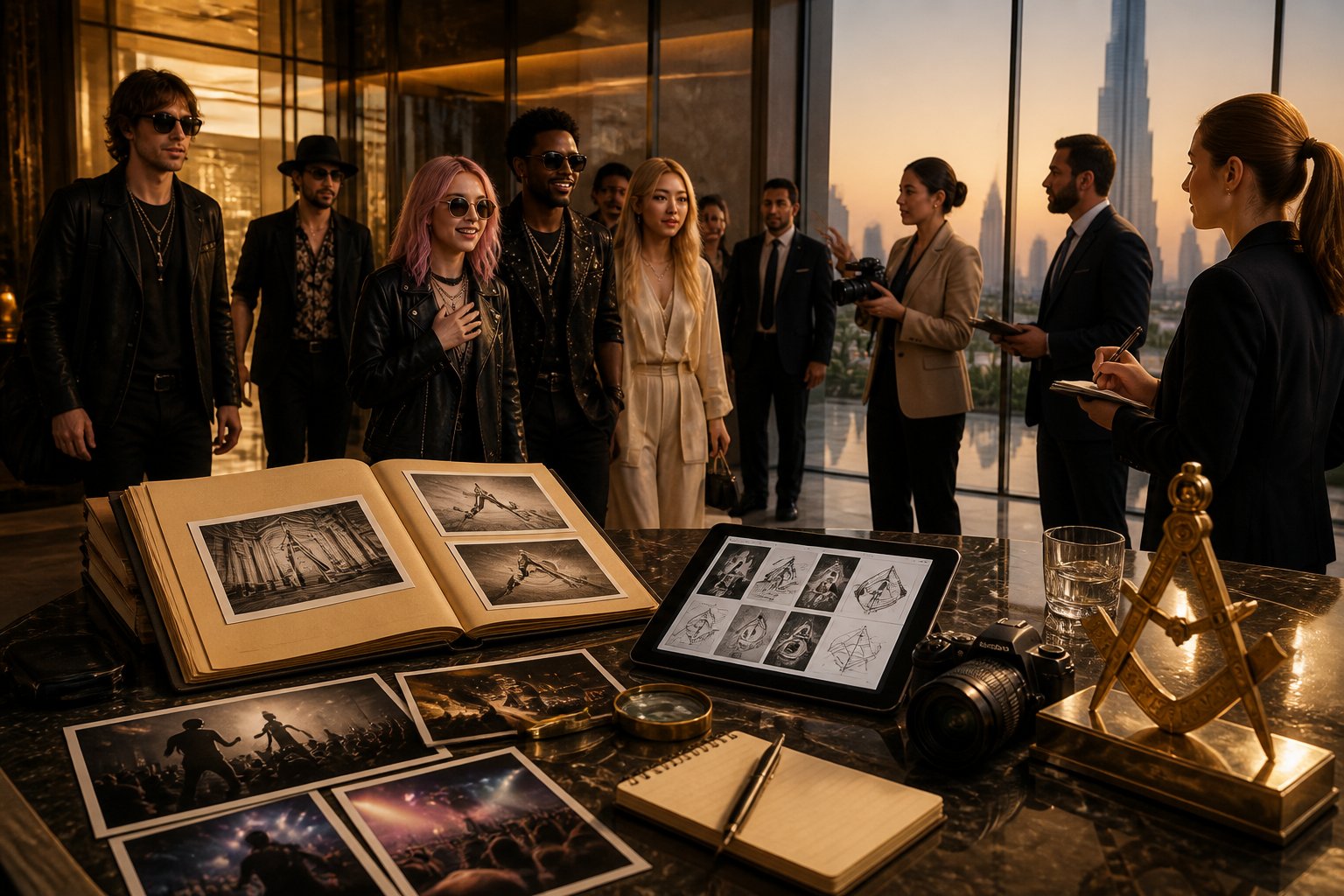 Fictional musicians and researchers gather at an elegant Dubai venue with archival materials and a city skyline in the background.