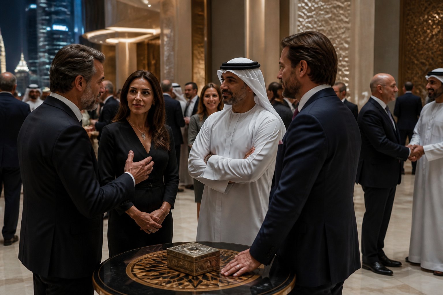 Well-dressed guests converse at an elegant UAE networking event.