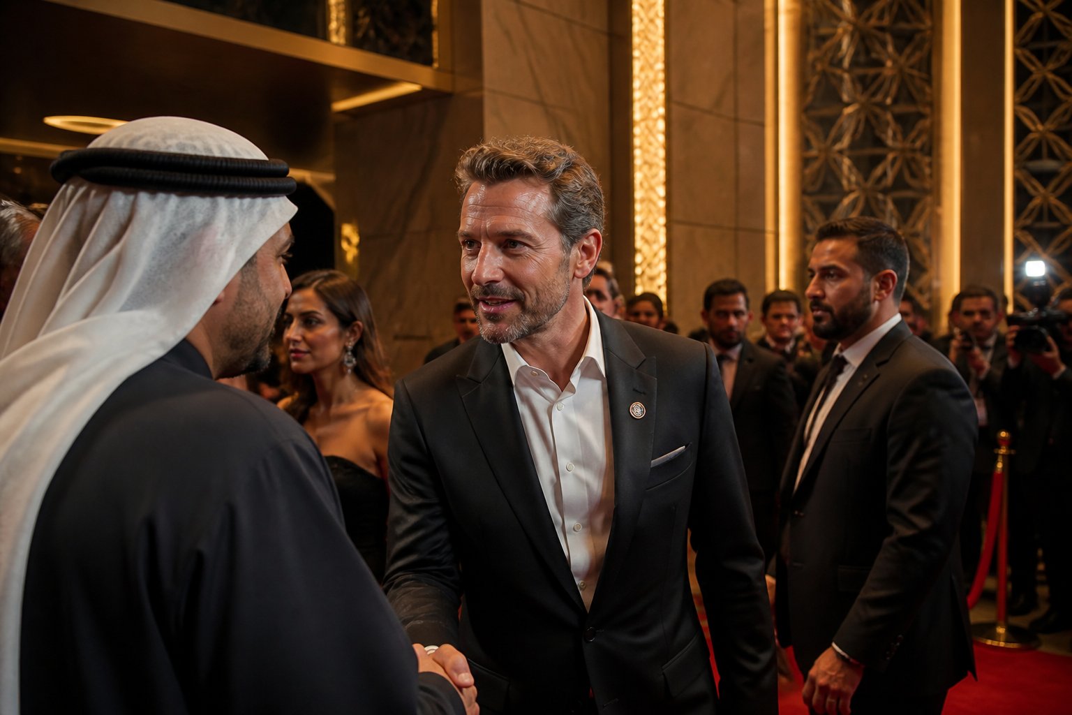 A celebrity guest greets an event organizer at an elegant UAE cultural gala as photographers and attendees look on.