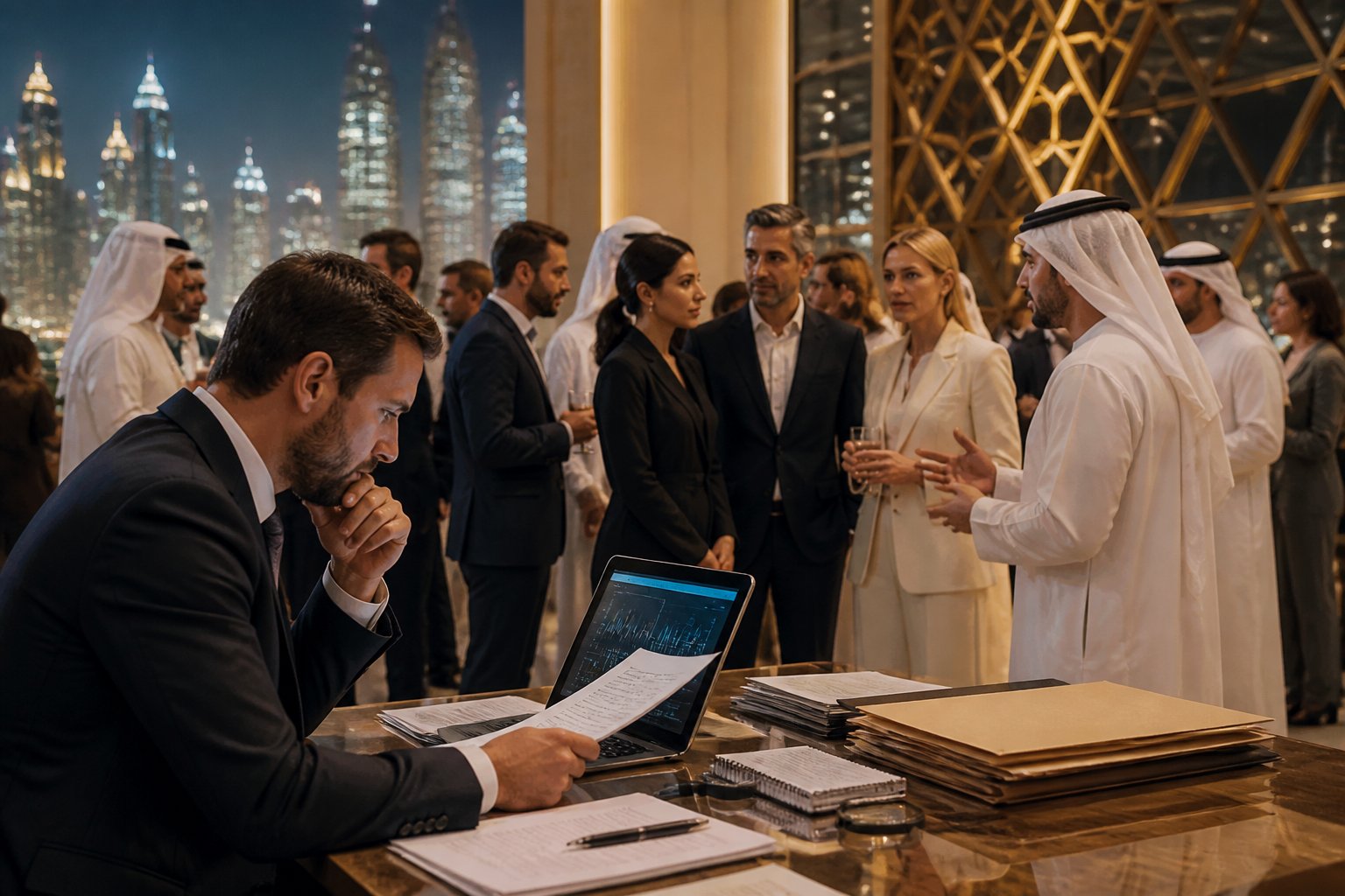 A journalist reviews research materials while celebrity guests and attendees converse at an elegant UAE event venue.