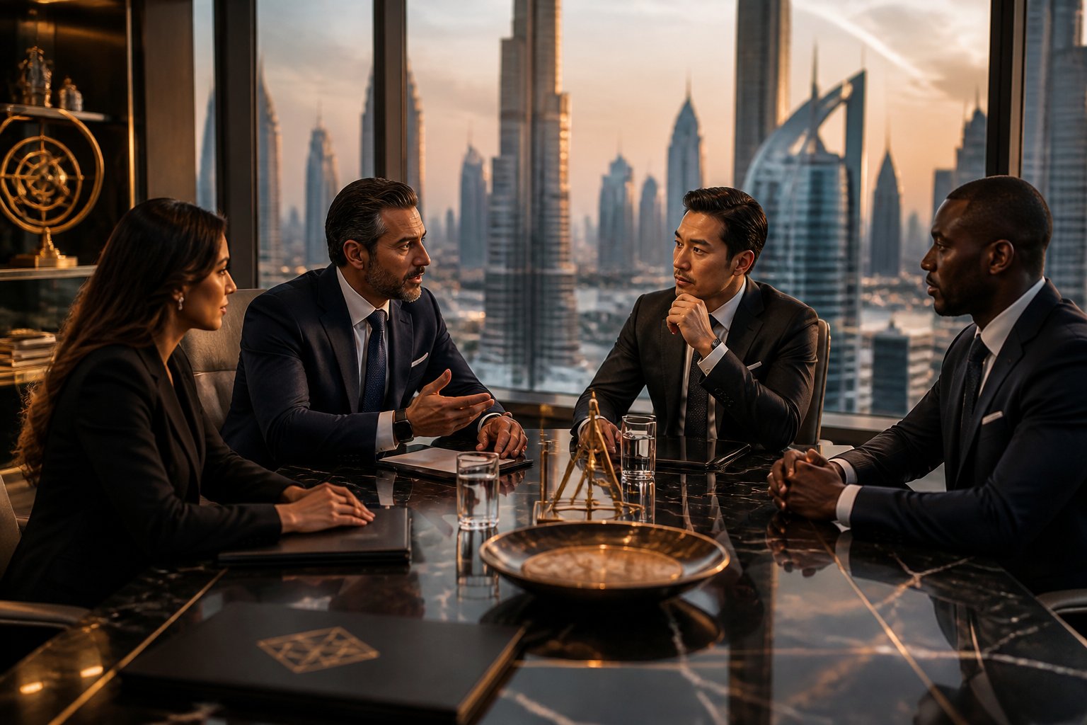 Fictional business executives discuss privately in a modern UAE boardroom overlooking a city skyline.