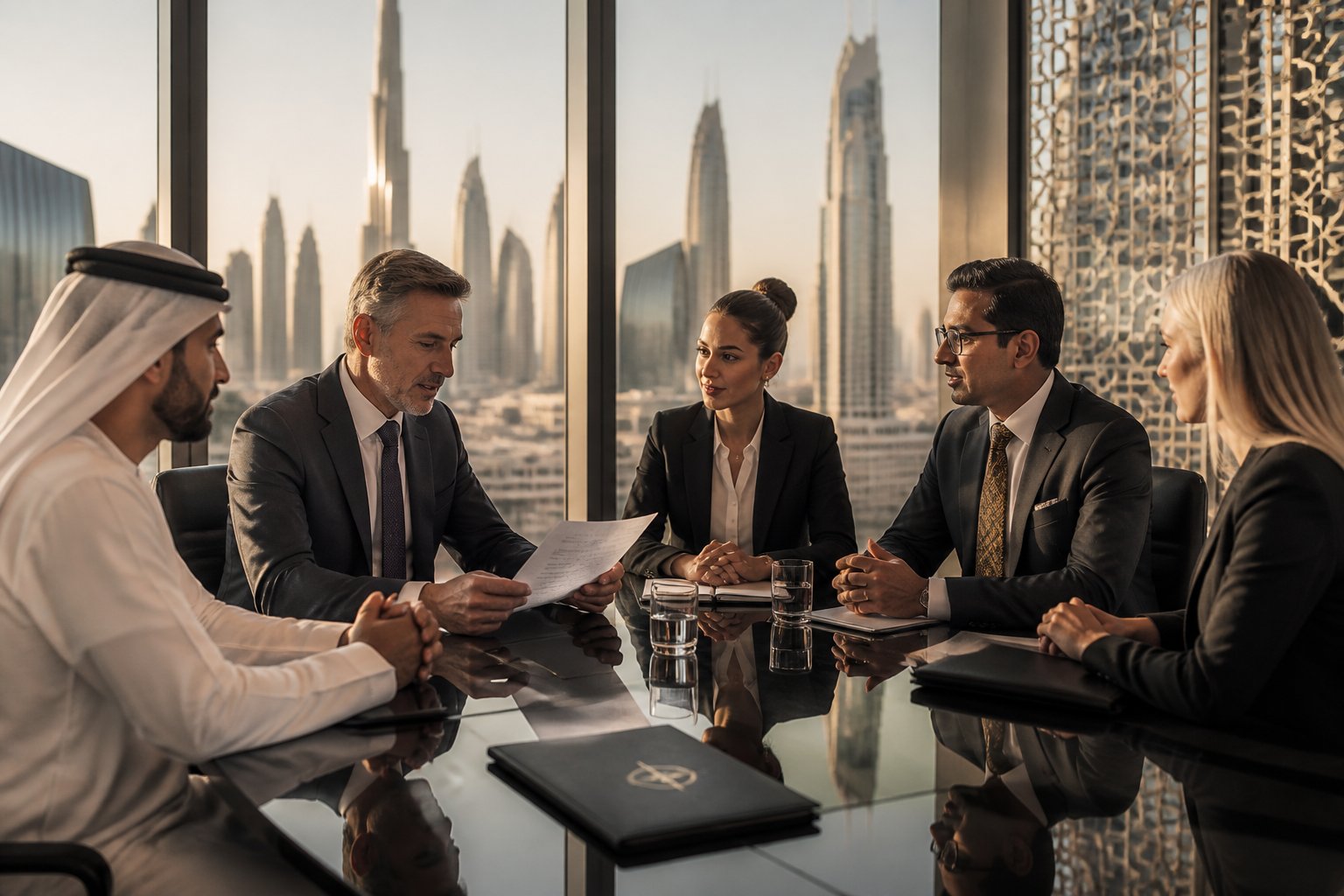 Business leaders discuss documents in a modern UAE executive meeting room overlooking a city skyline.