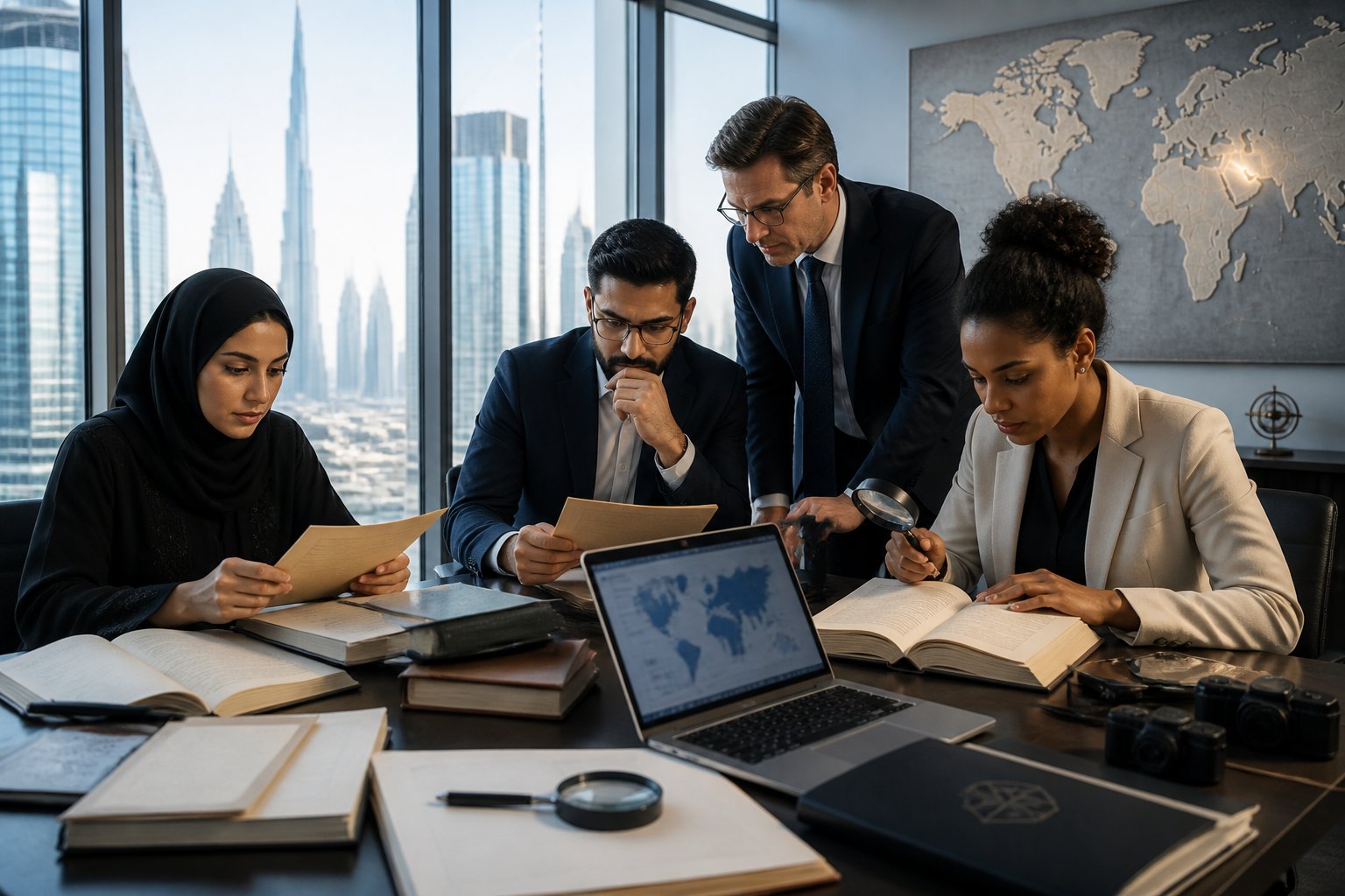Researchers examine anonymous documents and source materials in a modern Dubai office while verifying business claims.