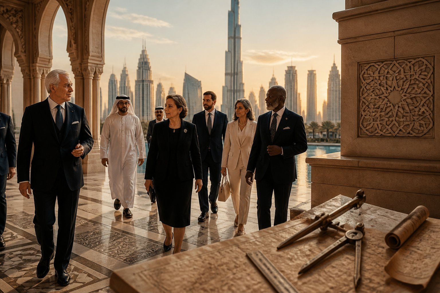 Dignitaries walk through a grand Dubai setting beside historical architectural artifacts associated with Freemasonry.