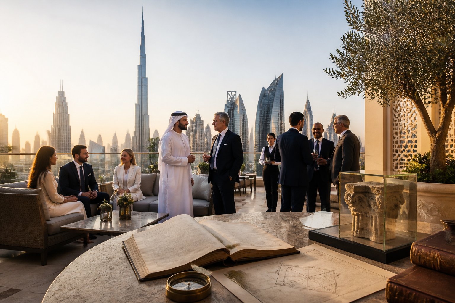 International visitors converse at an elegant Dubai reception overlooking the city skyline.