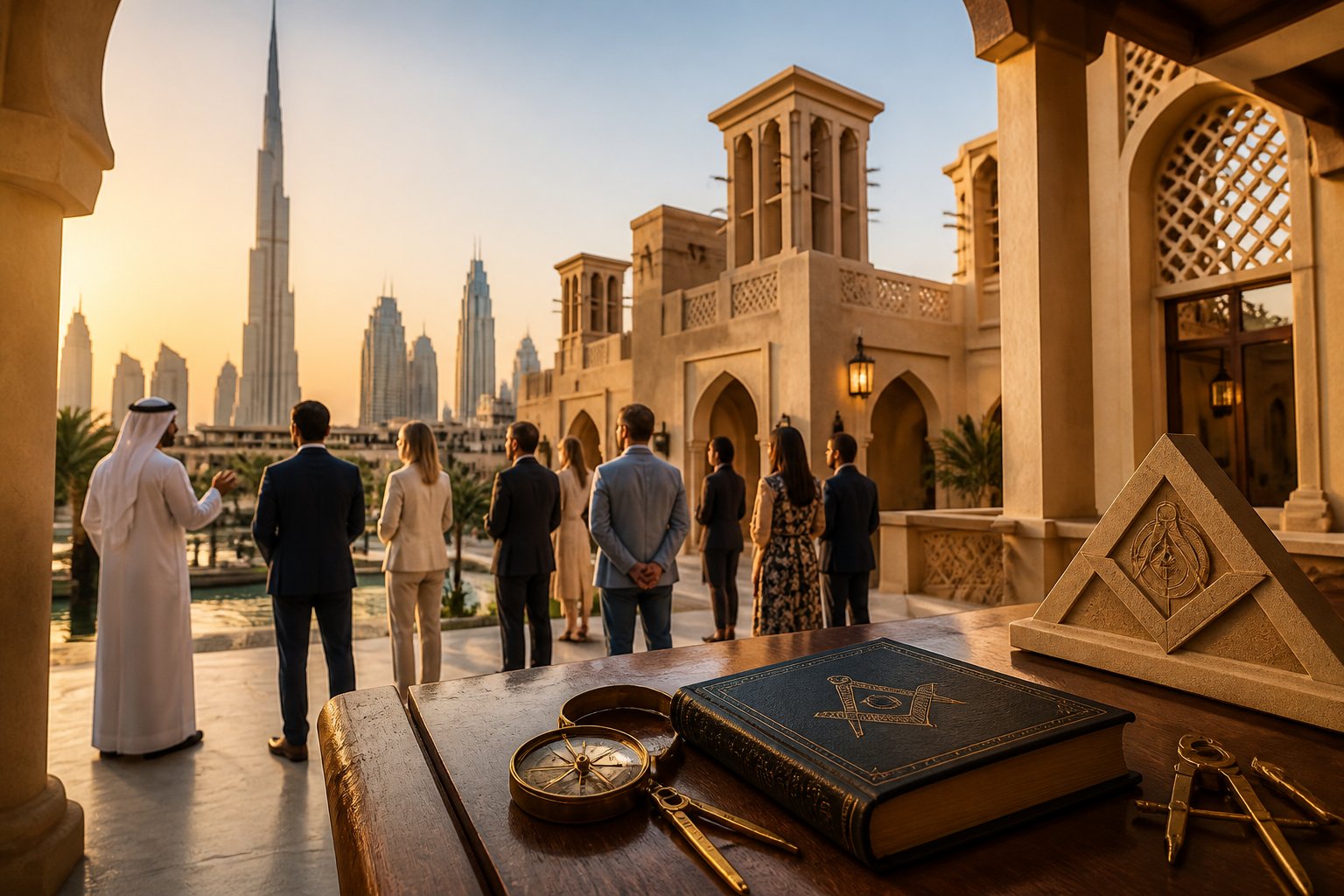 Visitors explore a Dubai heritage courtyard with modern skyscrapers and discreet Freemasonry artifacts nearby.