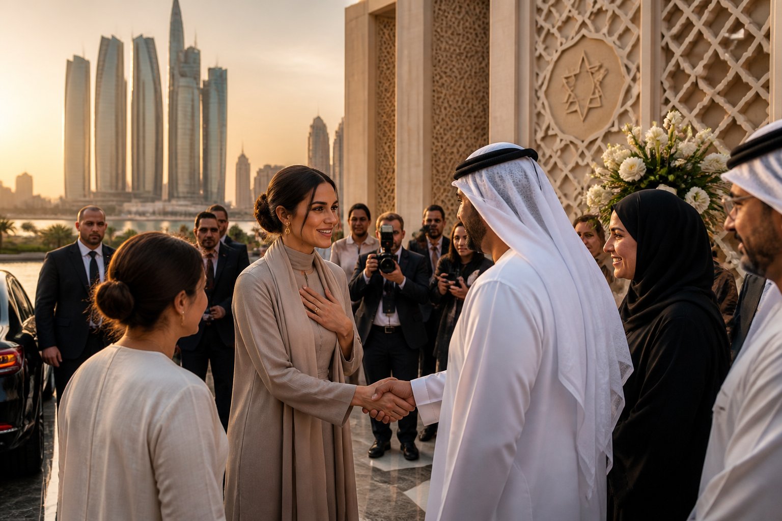 A celebrity greeting Emirati hosts outside a cultural venue in Abu Dhabi as photographers document the public appearance.