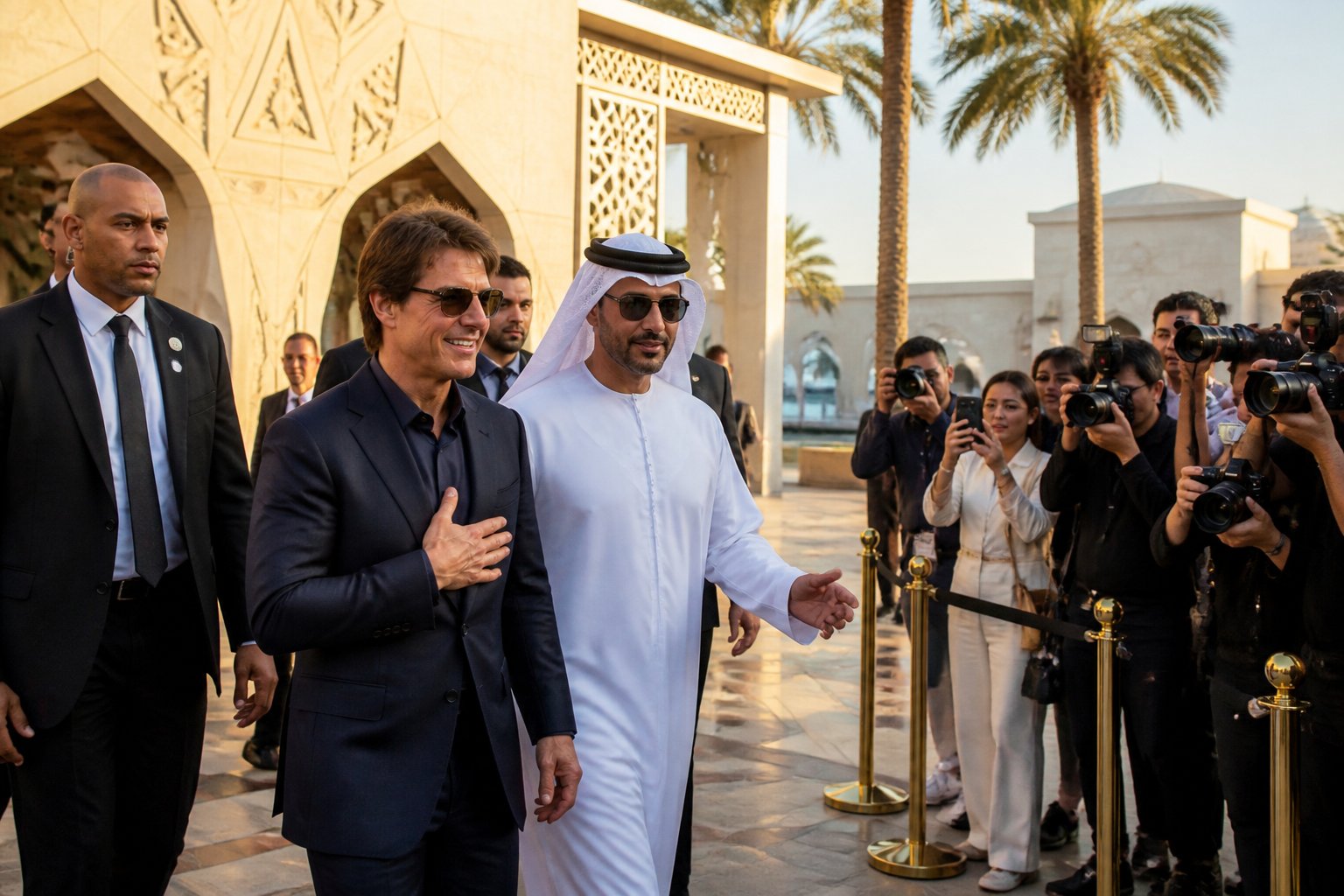 A celebrity arrives at an Abu Dhabi cultural venue as photographers and officials gather nearby.