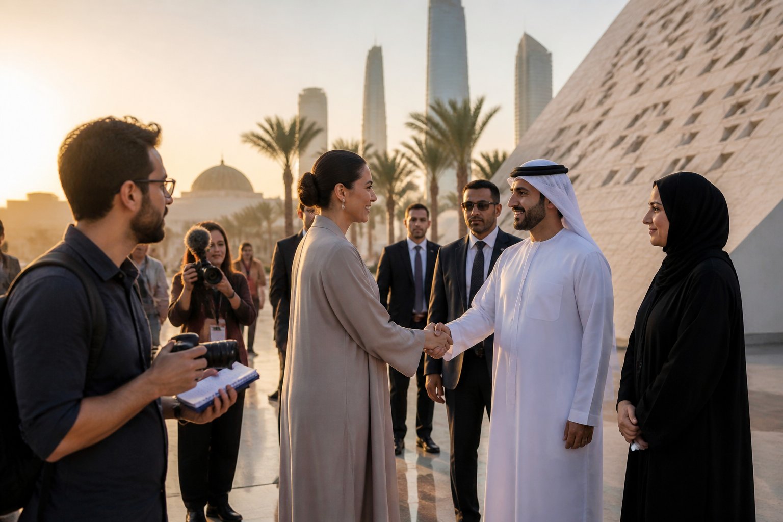 An international visitor greets Emirati hosts at a cultural venue in Abu Dhabi while journalists observe nearby.