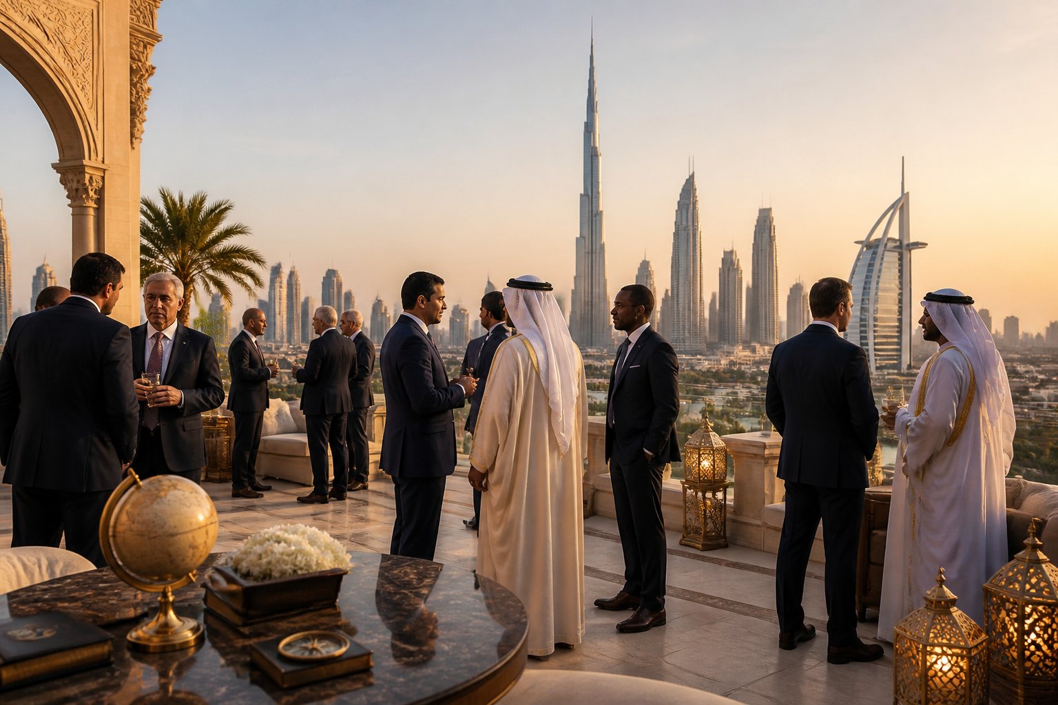 A group of distinguished people in formal attire gathered at a sophisticated venue with the Dubai skyline in the background.