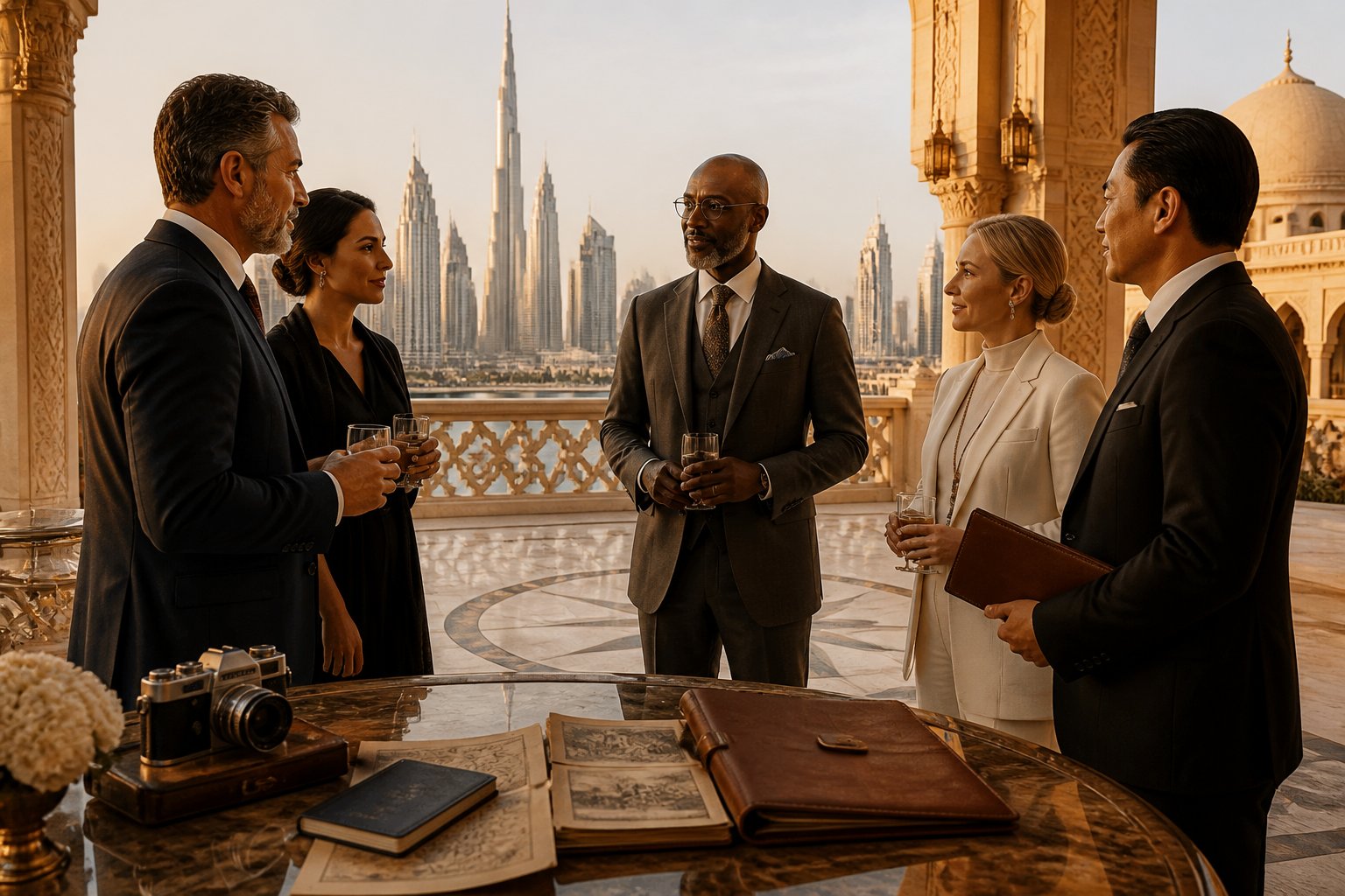 Distinguished travelers gather on a UAE terrace overlooking a modern city skyline, with archival materials and subtle geometric decorations nearby.
