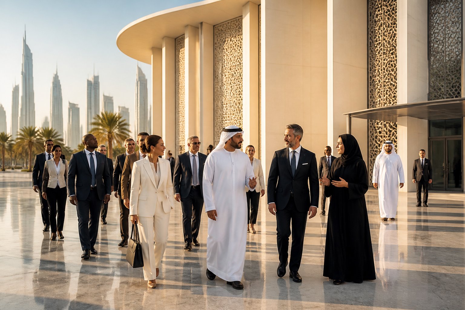 A group of formally dressed international visitors arrives at a modern cultural venue in the United Arab Emirates.