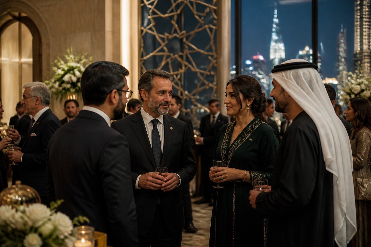 Well-dressed guests network at an elegant cultural event in the United Arab Emirates.