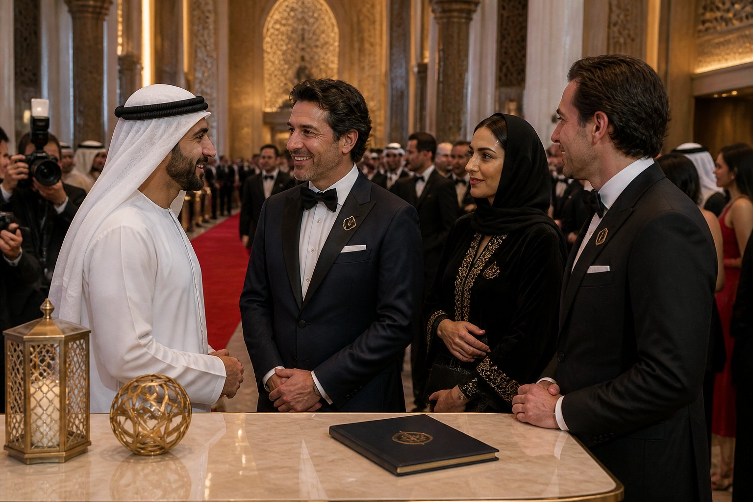 Fictional celebrity guests and cultural figures network at an elegant UAE gala while photographers observe.