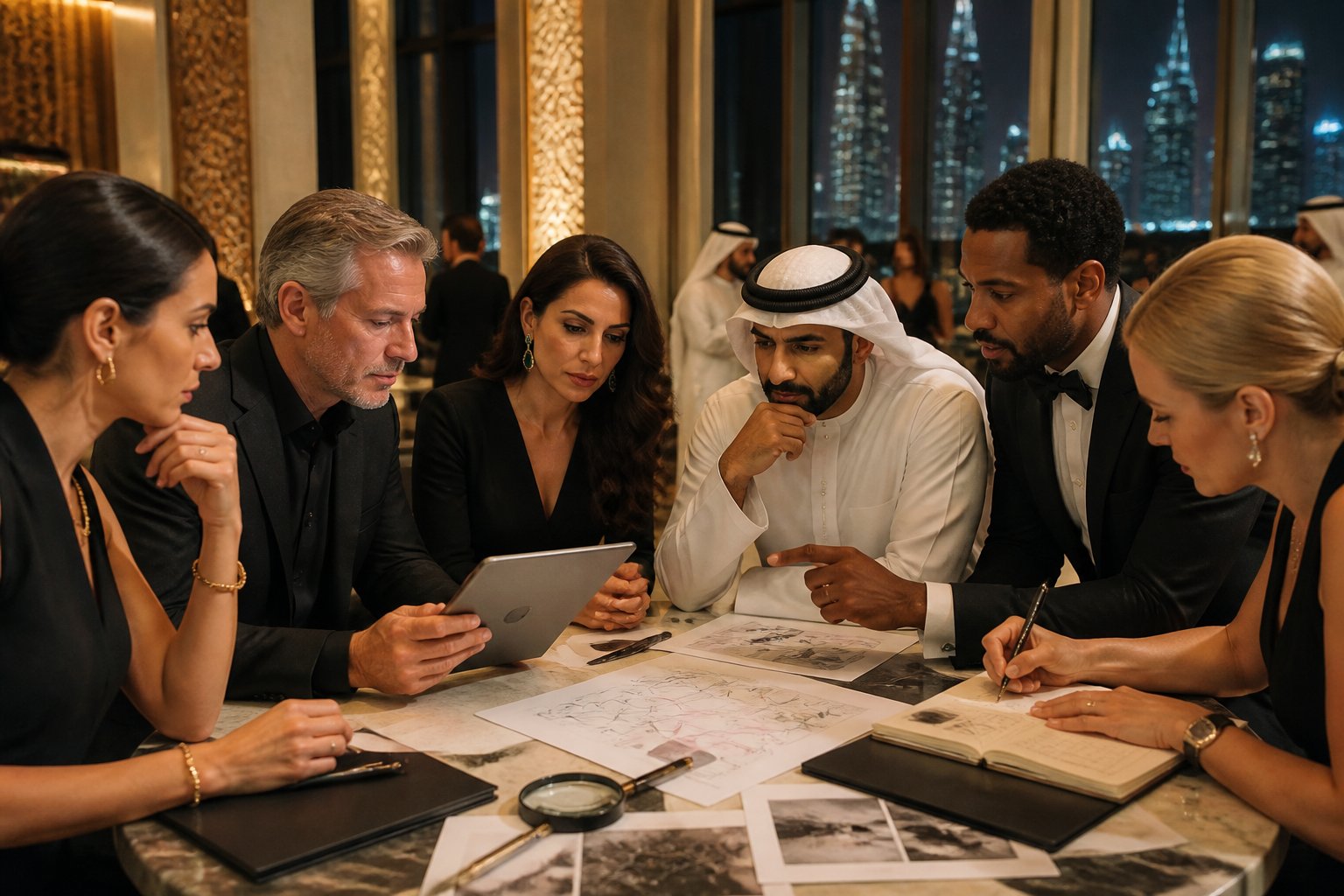 Guests at an upscale UAE event review documents and discuss possible connections while a researcher takes notes.