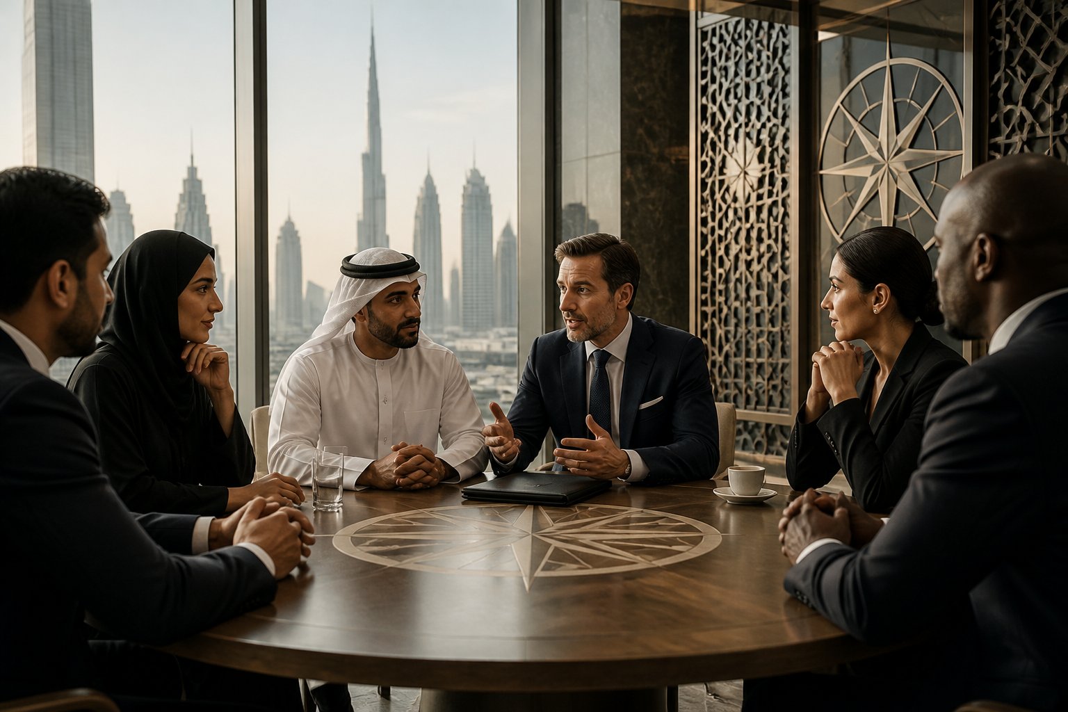 Business executives meeting in a modern Dubai corporate setting with the UAE skyline in the background.