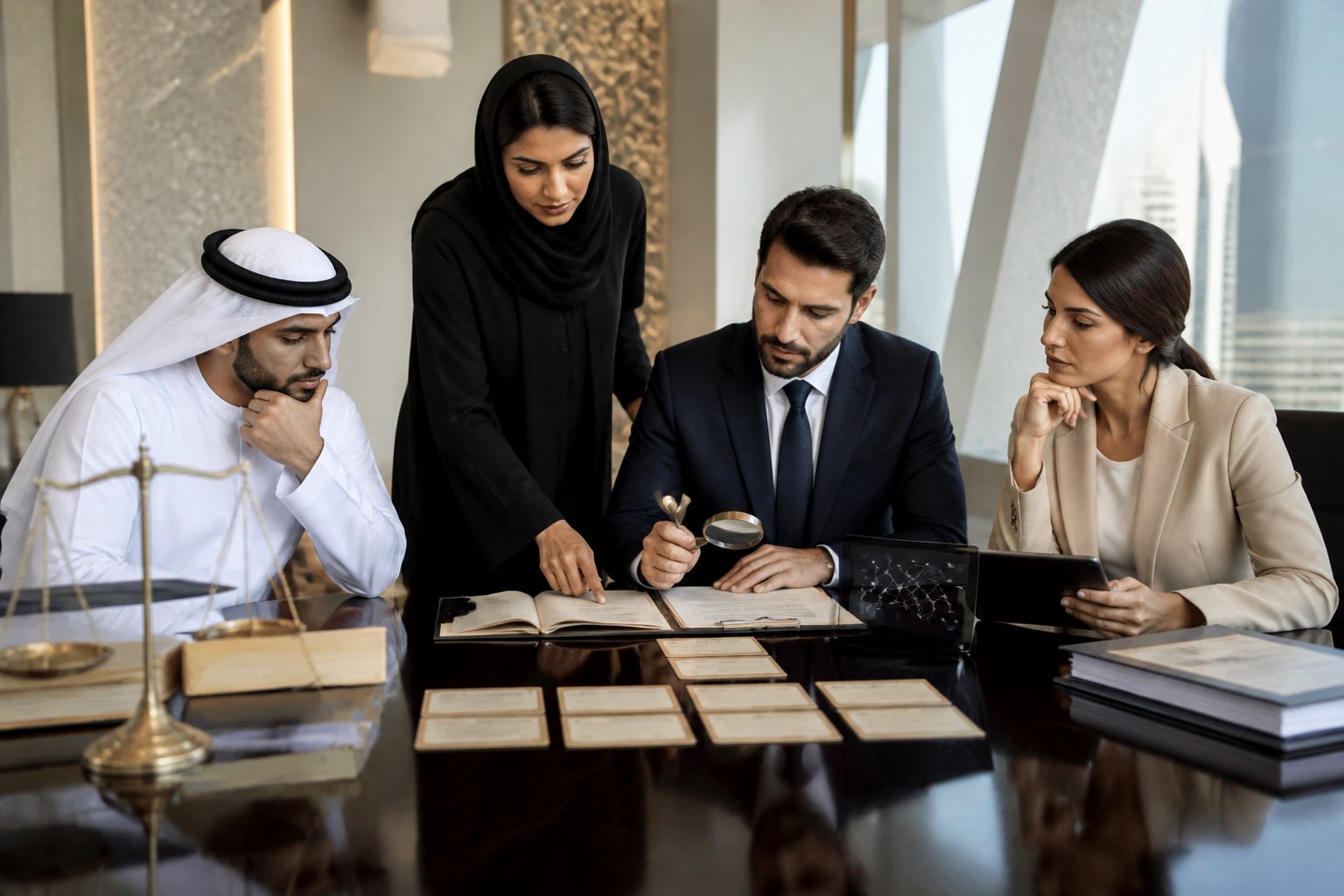 Professionals in a UAE business setting examine documents and research materials at a conference table.