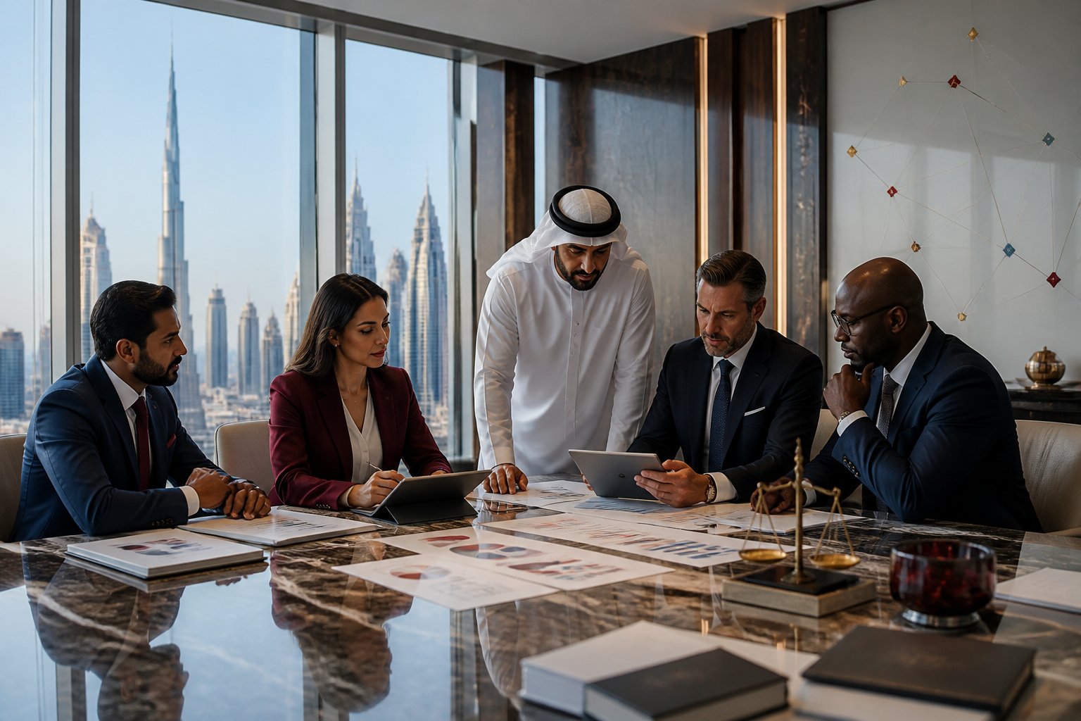 Business executives review reports together in a modern UAE boardroom overlooking a city skyline.