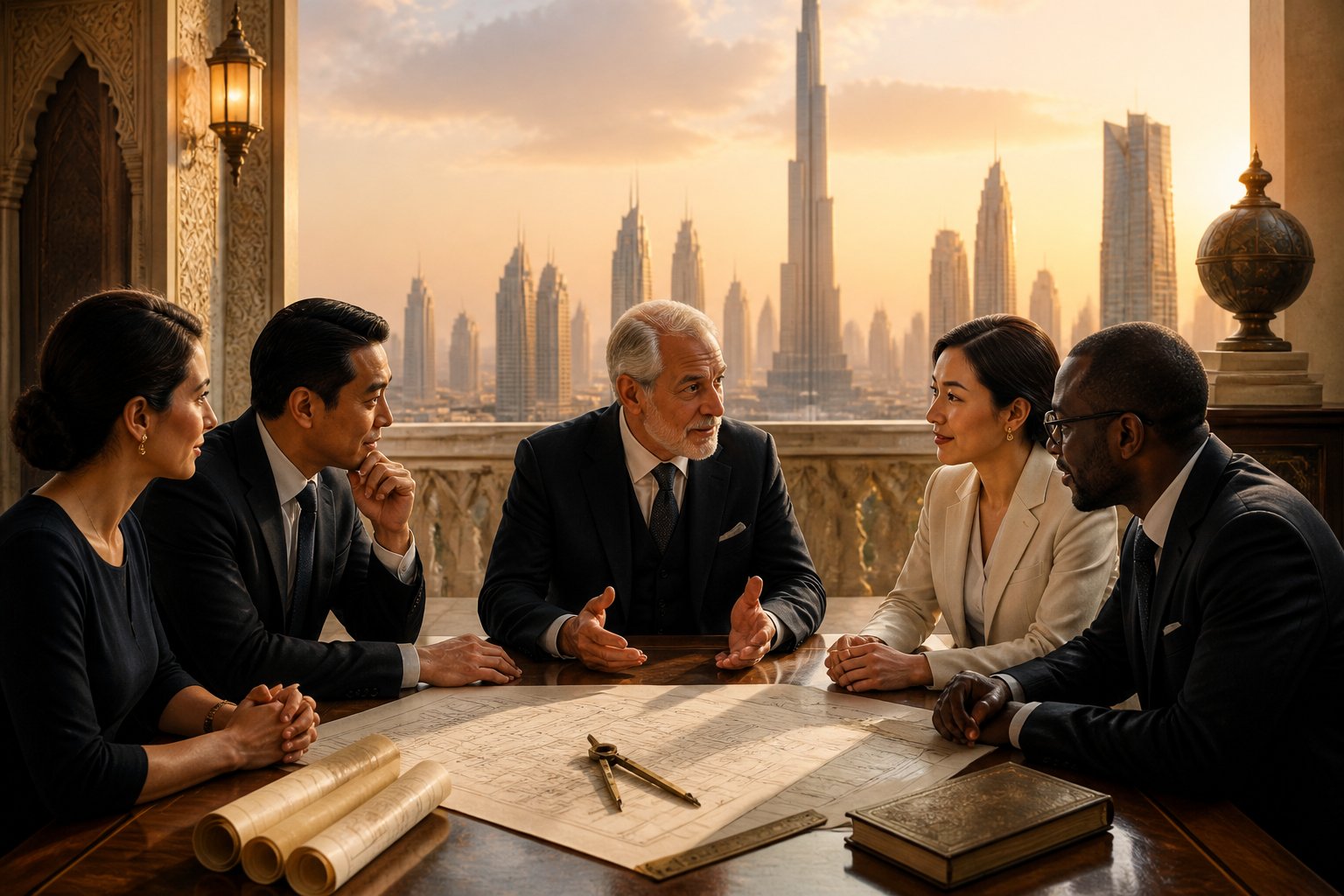 Distinguished visitors speak with a historian on a terrace overlooking Dubai, with archival objects and architectural tools nearby.
