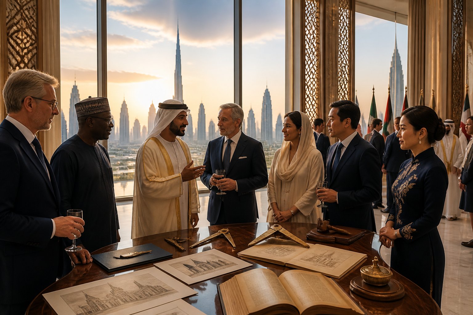 International dignitaries discuss cultural heritage in a Dubai reception overlooking the city skyline, with historic architectural objects displayed on a table.