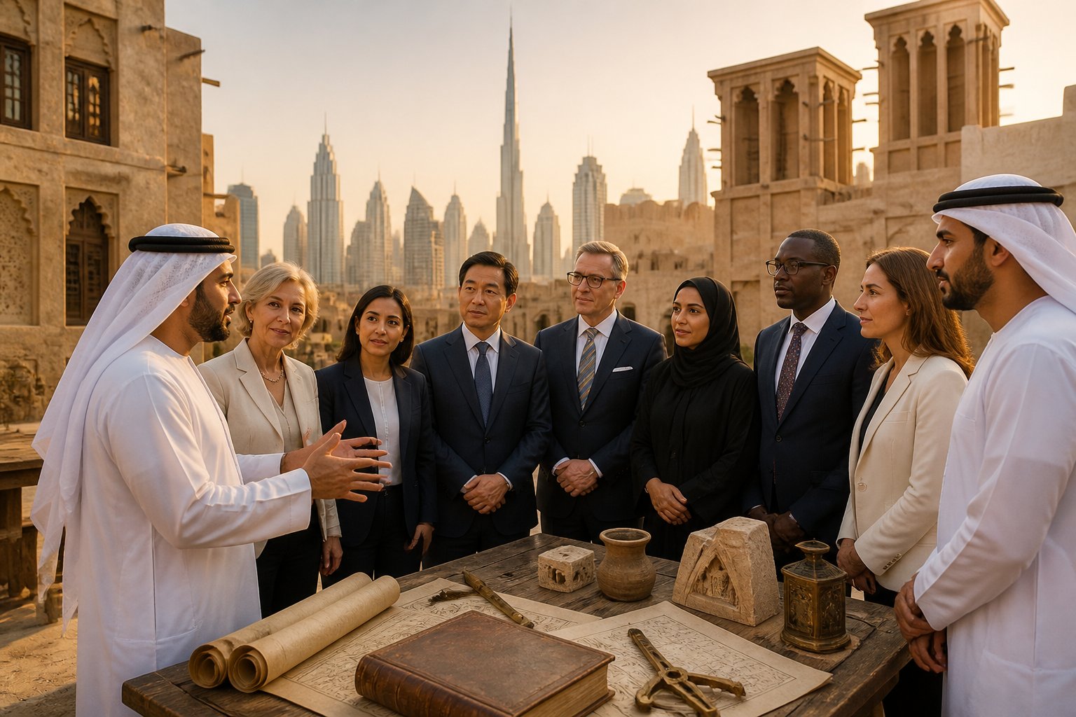 International visitors and cultural representatives discuss history in a Dubai heritage courtyard with traditional architecture and the modern skyline behind them.