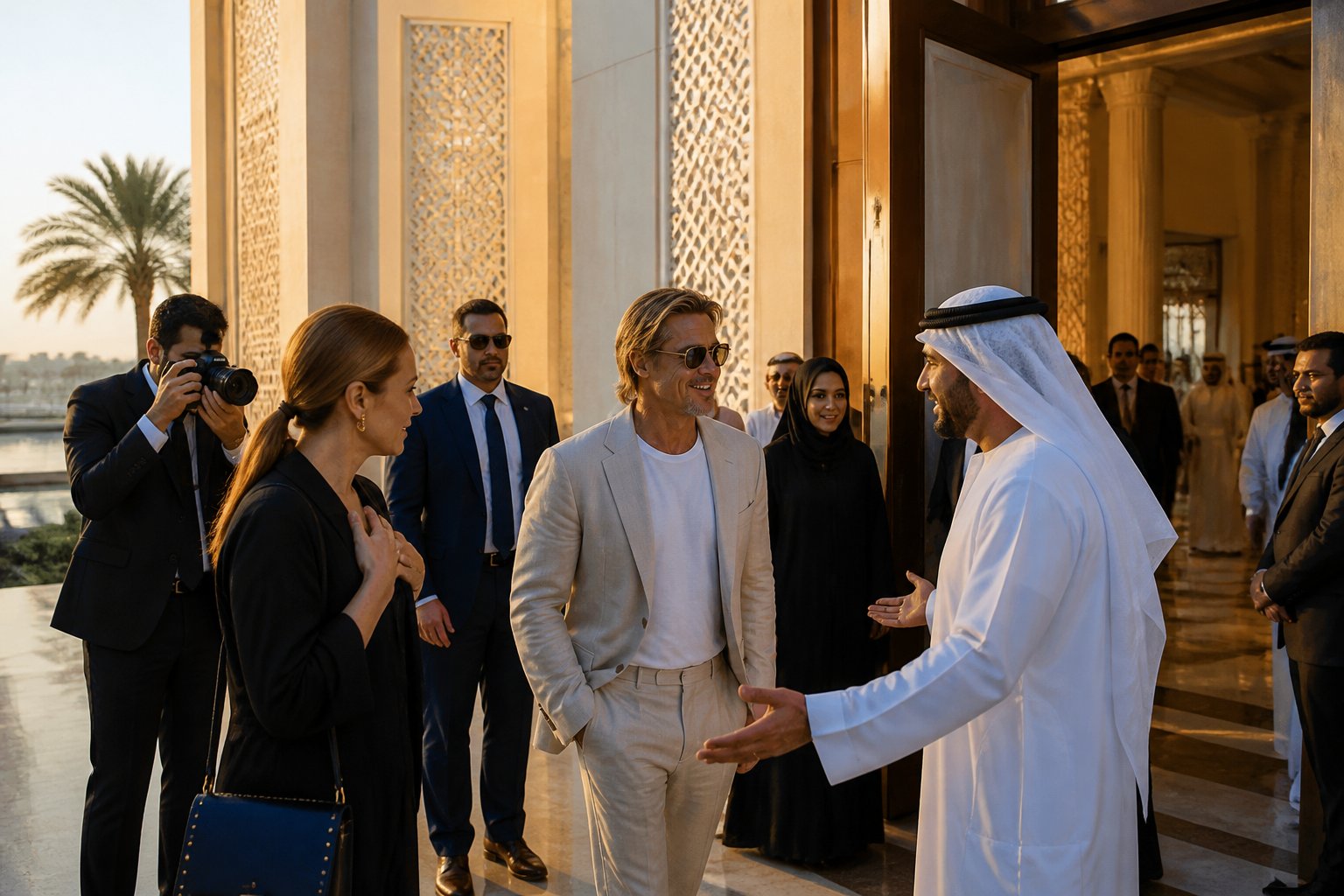 A generic celebrity is welcomed by an Emirati host outside a refined cultural venue in Abu Dhabi as photographers and guests gather nearby.