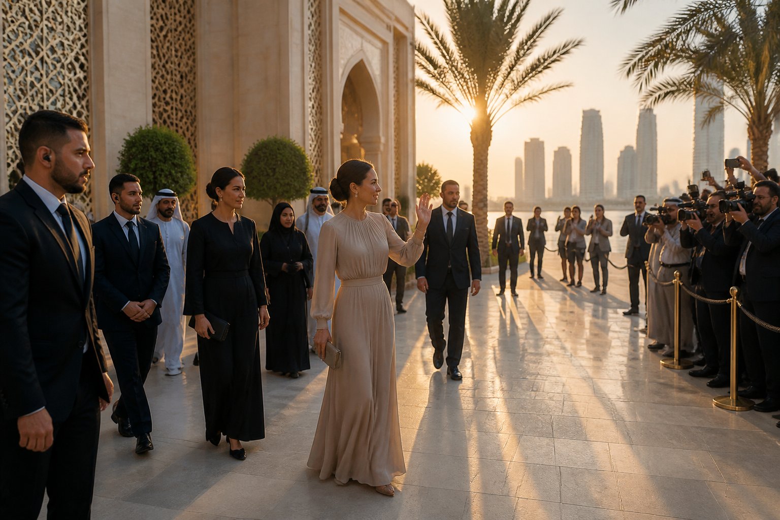 A celebrity arrives at a cultural venue in Abu Dhabi while security staff, photographers, and diverse attendees observe.
