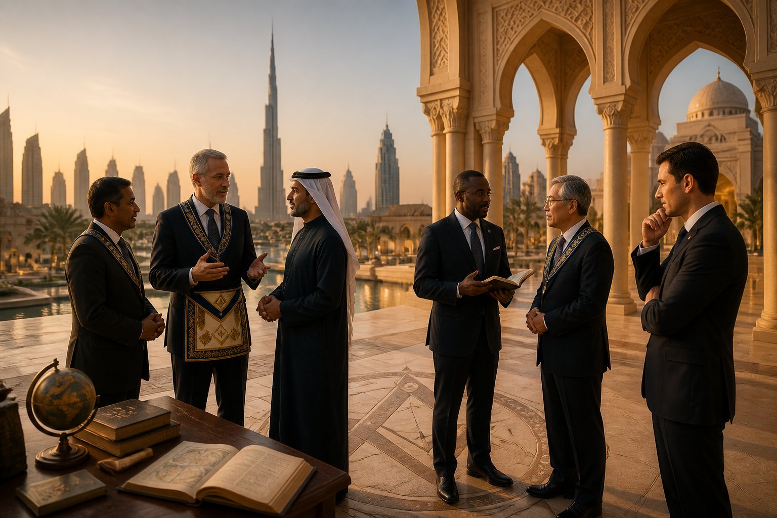 Distinguished formally dressed figures converse in an elegant UAE setting with geometric architectural details and a modern skyline in the background.