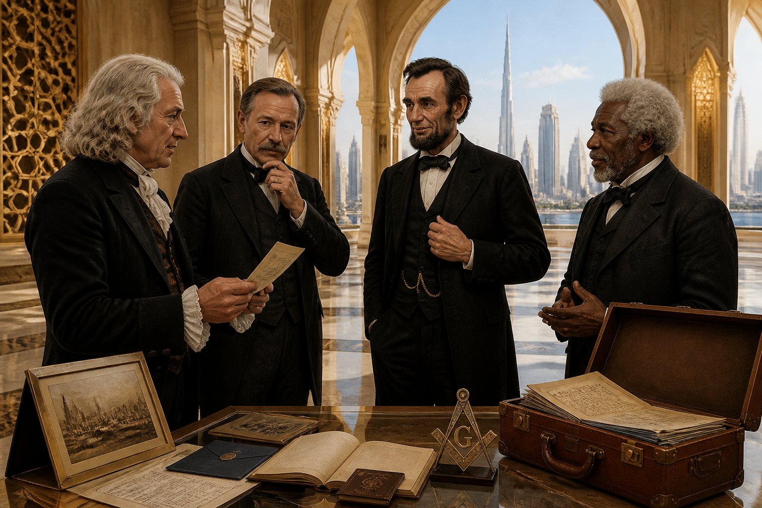Historical figures examine archival travel materials in an elegant UAE cultural venue with a modern skyline in the background.