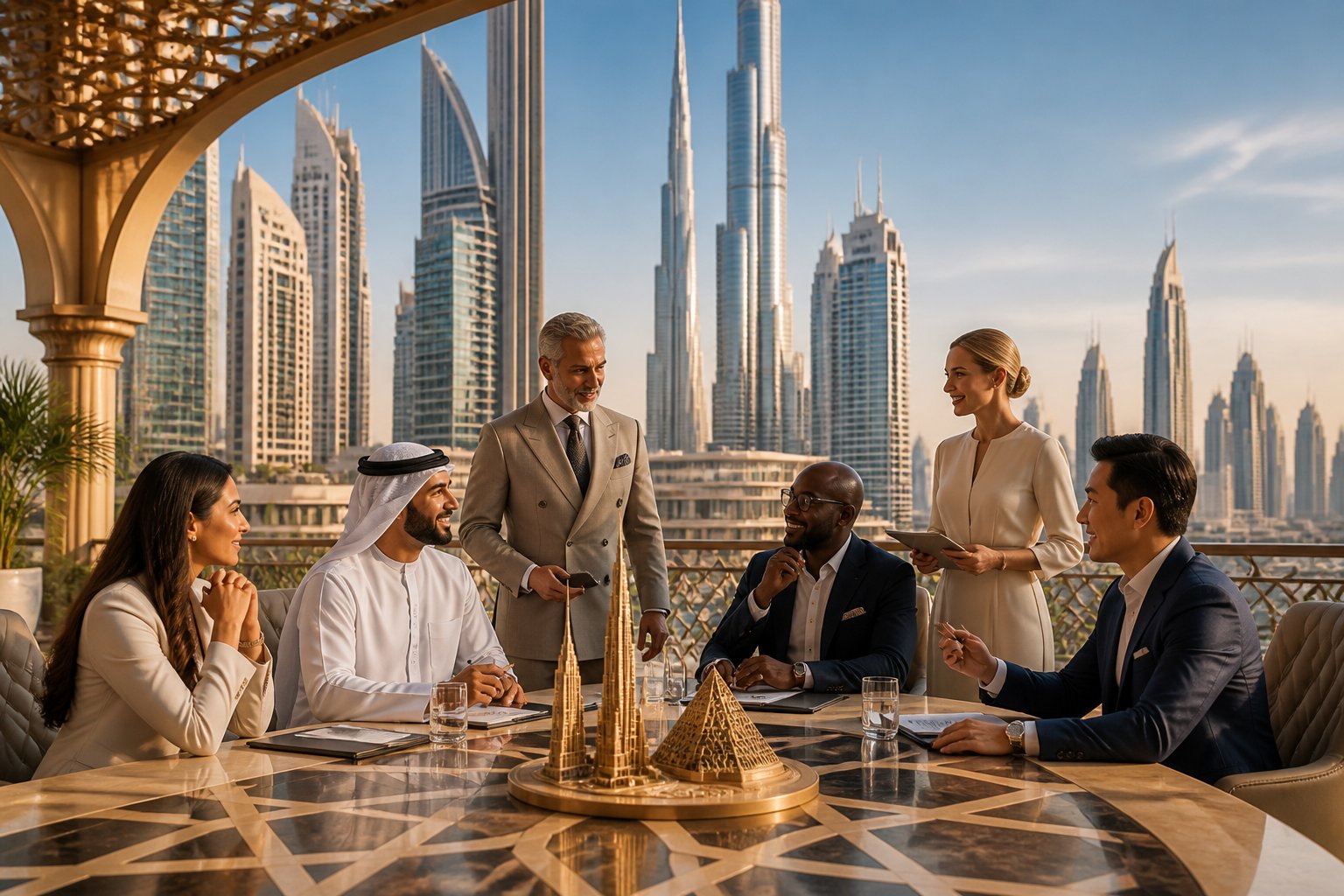 A group of international visitors gathers for a professional meeting in front of Dubai’s modern skyline.