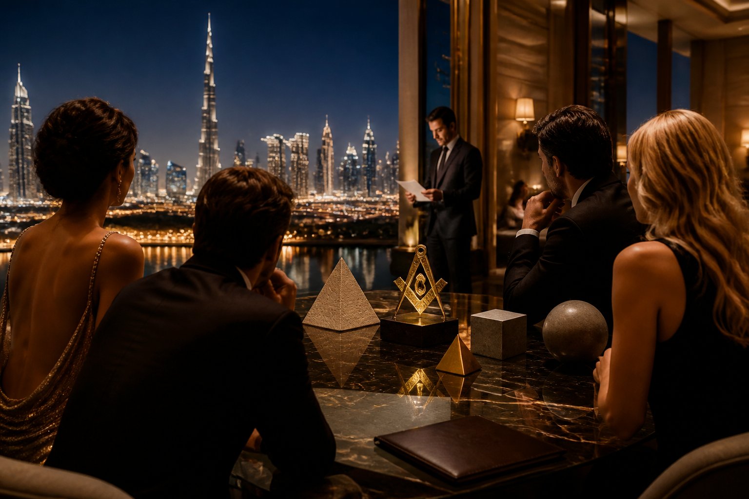 Anonymous formally dressed figures gather near a private venue overlooking Dubai’s illuminated skyline while a researcher reviews documents.