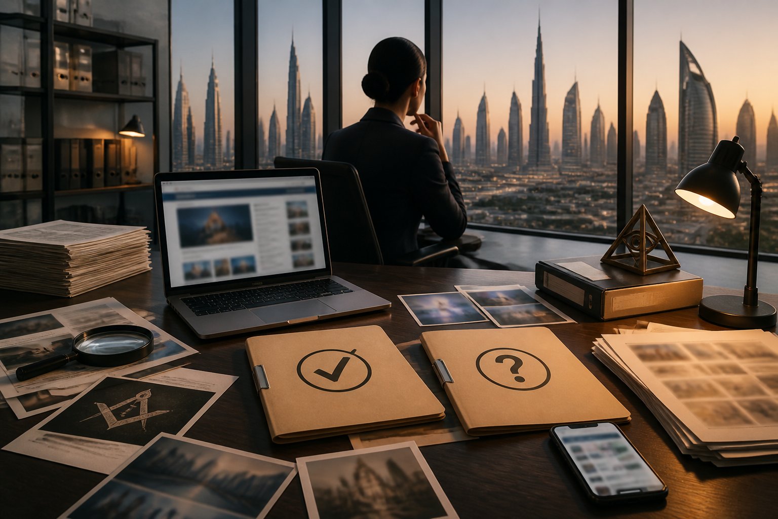 A researcher reviews documents and digital information at a desk with the Dubai skyline in the background.