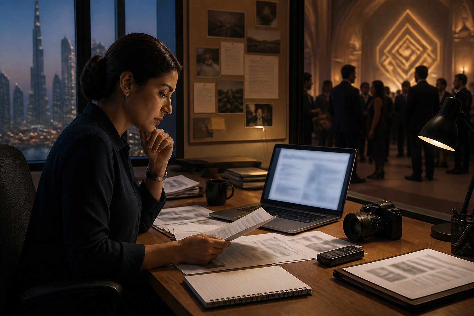 A journalist reviews research materials in a Dubai newsroom overlooking the city skyline.