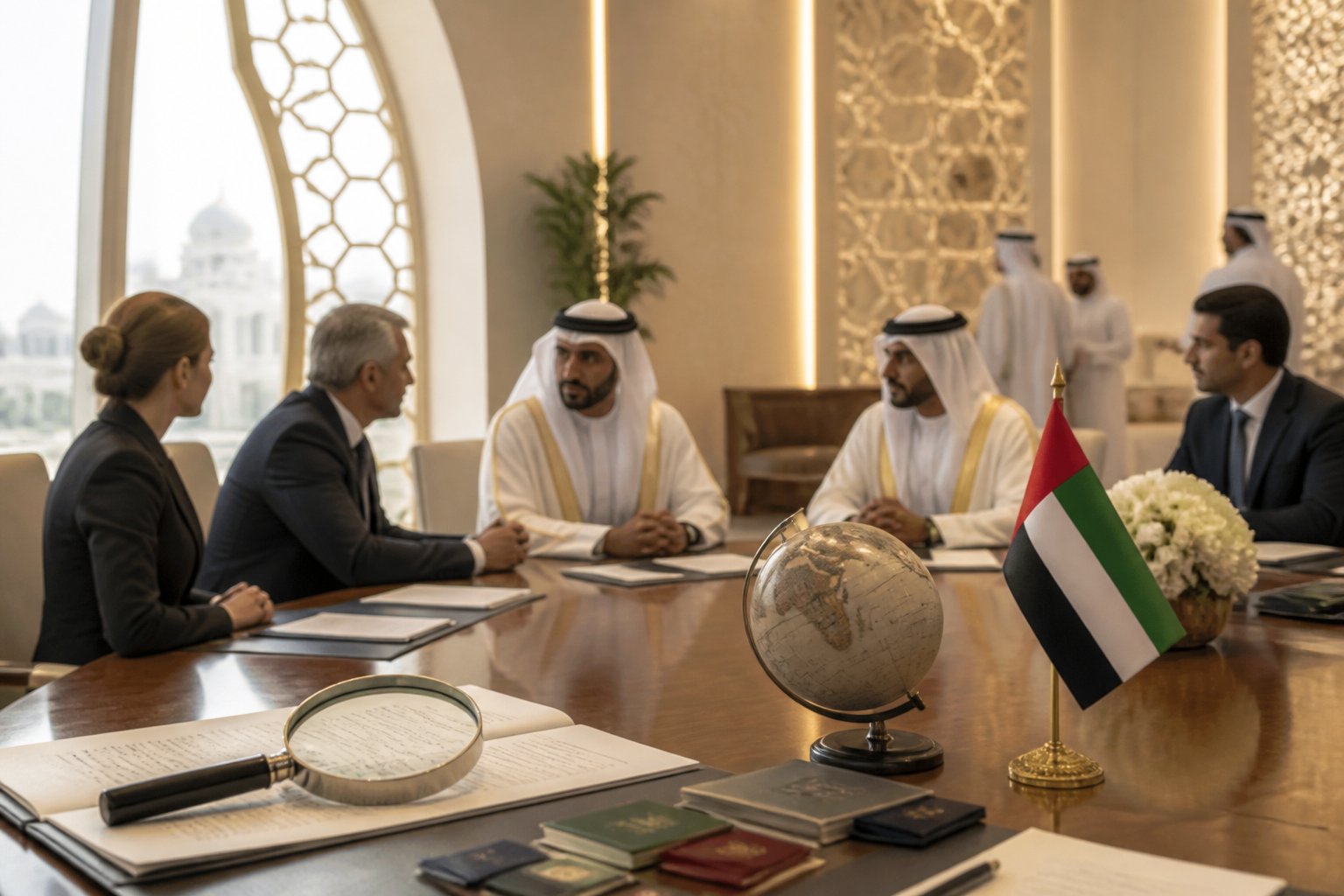 International dignitaries and Emirati officials discuss documents at a formal UAE conference venue.