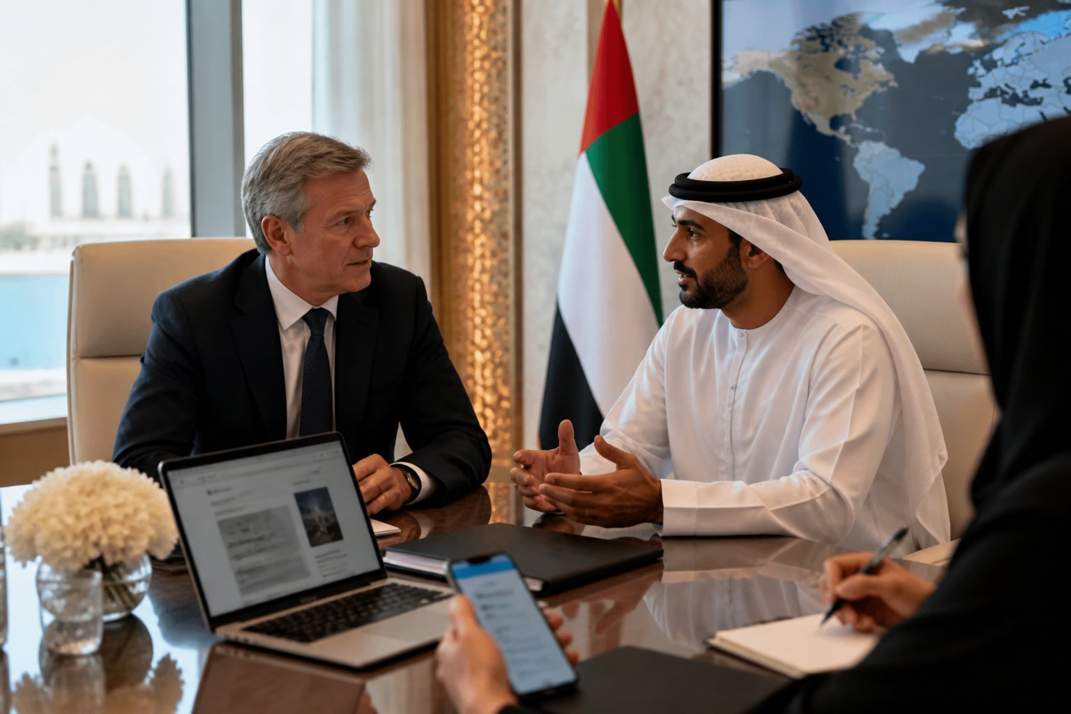 An Emirati official and an international dignitary review information during a formal meeting in the UAE.