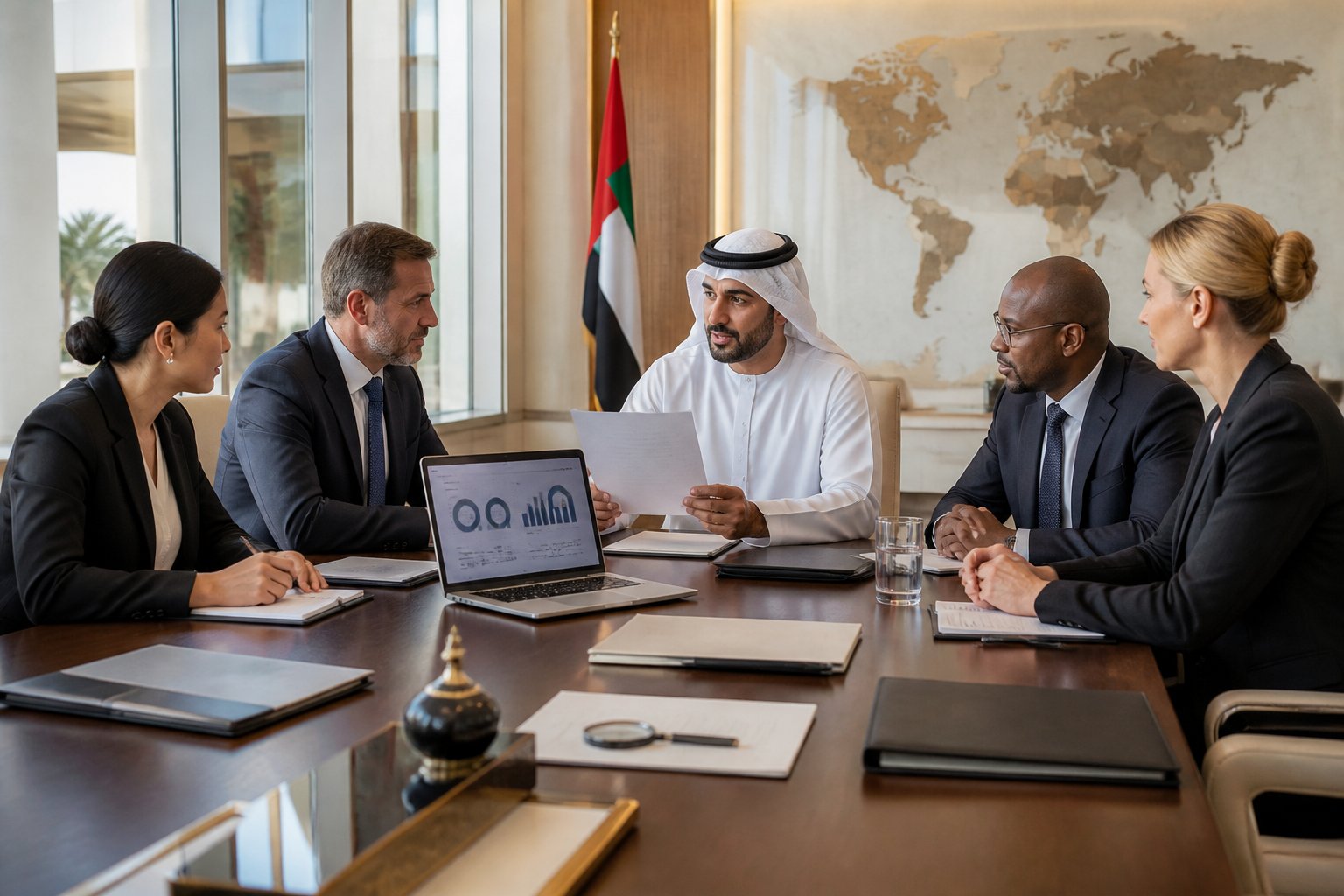 International dignitaries and a UAE representative review information together in a modern diplomatic conference room.