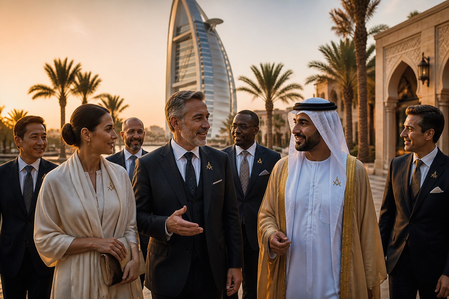A diverse group of formally dressed international visitors gathers near a modern landmark in the United Arab Emirates.