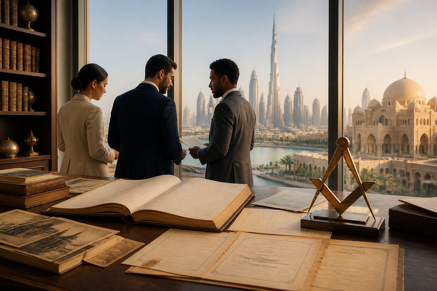 Researchers review archival documents beside a subtle Masonic symbol, with the Dubai skyline visible through the windows.