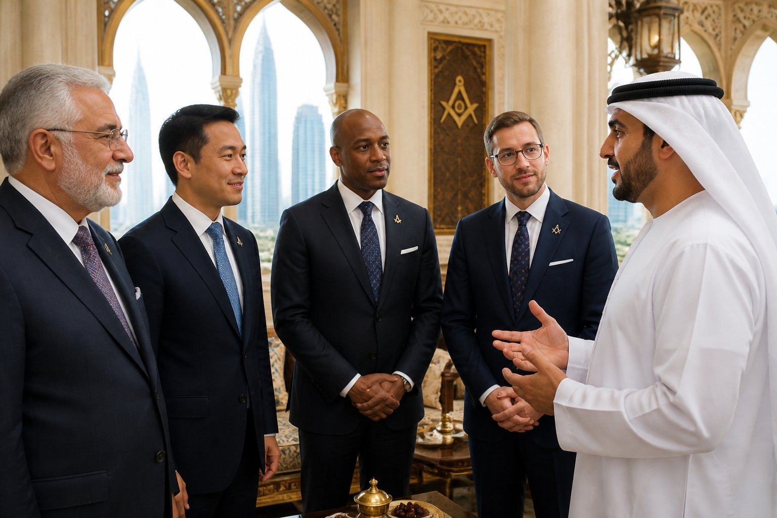 A diverse group of formally dressed visitors and an Emirati host meet in an elegant UAE heritage setting for a respectful cultural discussion.