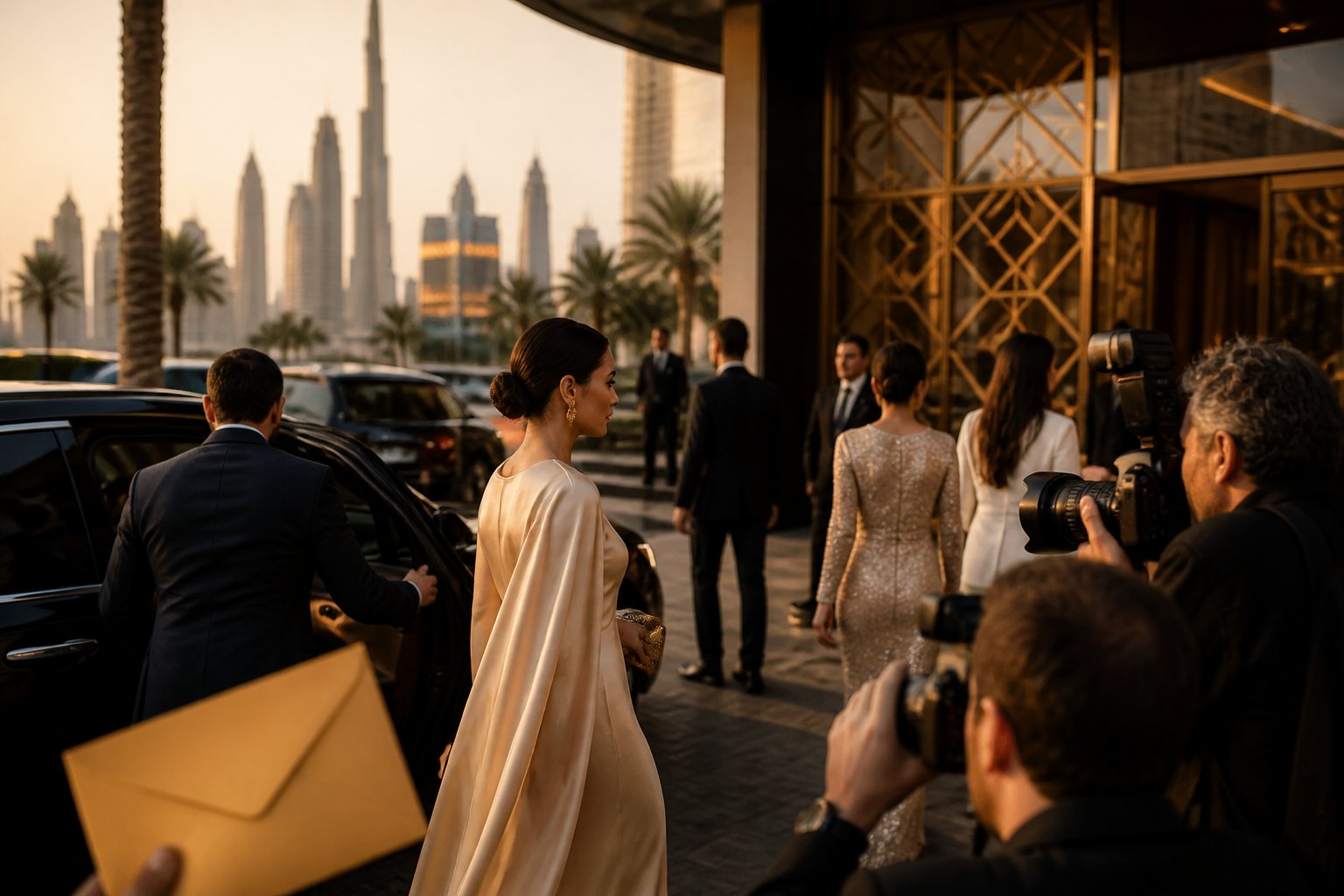 Photographers wait outside a luxury Dubai hotel as elegantly dressed guests arrive beneath a modern skyline.
